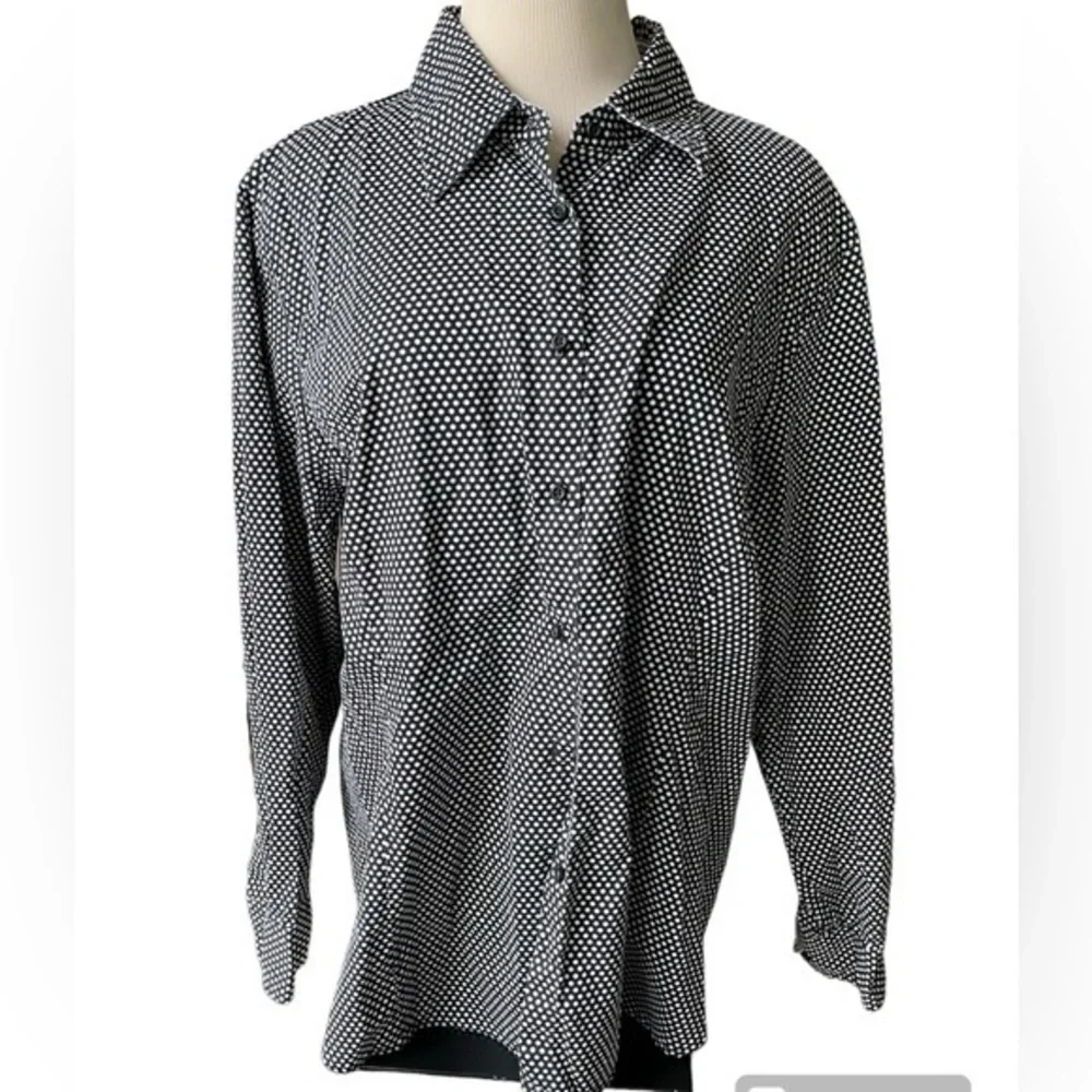 JONES NEW YORK Black White Polka Dot Button Down Top Cotton Preppy Size 2X